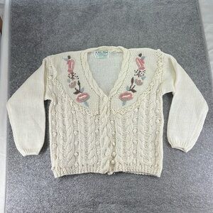 Vintage Emerald Isle Long Sleeve Button Up Hand Knit Sweater Cream Pink Floral M